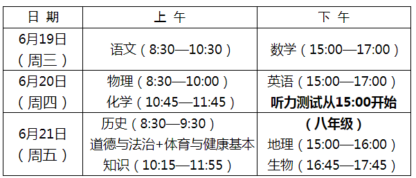 2024年福建福州中考时间及科目安排（6月19日-21日）